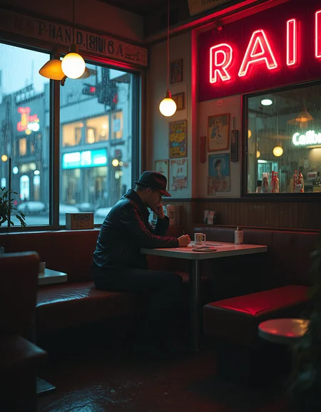 Imagine an image of a cyberpunk detective sitting in a dimly lit diner, rain pouring against the window outside.