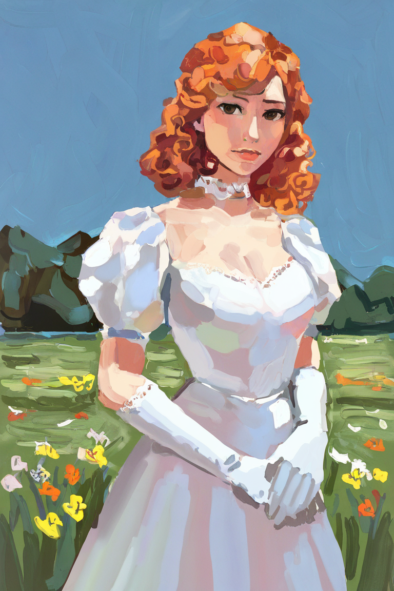 masterpiece, best quality, highres, newest, abstractionism, brush stroke, traditional media, 1girl, solo, medium hair, curly hair, wavy hair, orange hair, swept bangs, brown eyes, lips, lipstick, looking at viewer, medium breasts, choker, medium dress, white dress, lace trim, puffy sleeves, puffy short sleeves, short sleeves, gloves, elbow gloves, white gloves, hand up, cowboy shot, closed mouth, standing, outdoors, field, flower, grass, plant, sky <lora:Abstract Painting - Style [LoRA] - NoobAI-XL EPS 1.0:0.8>