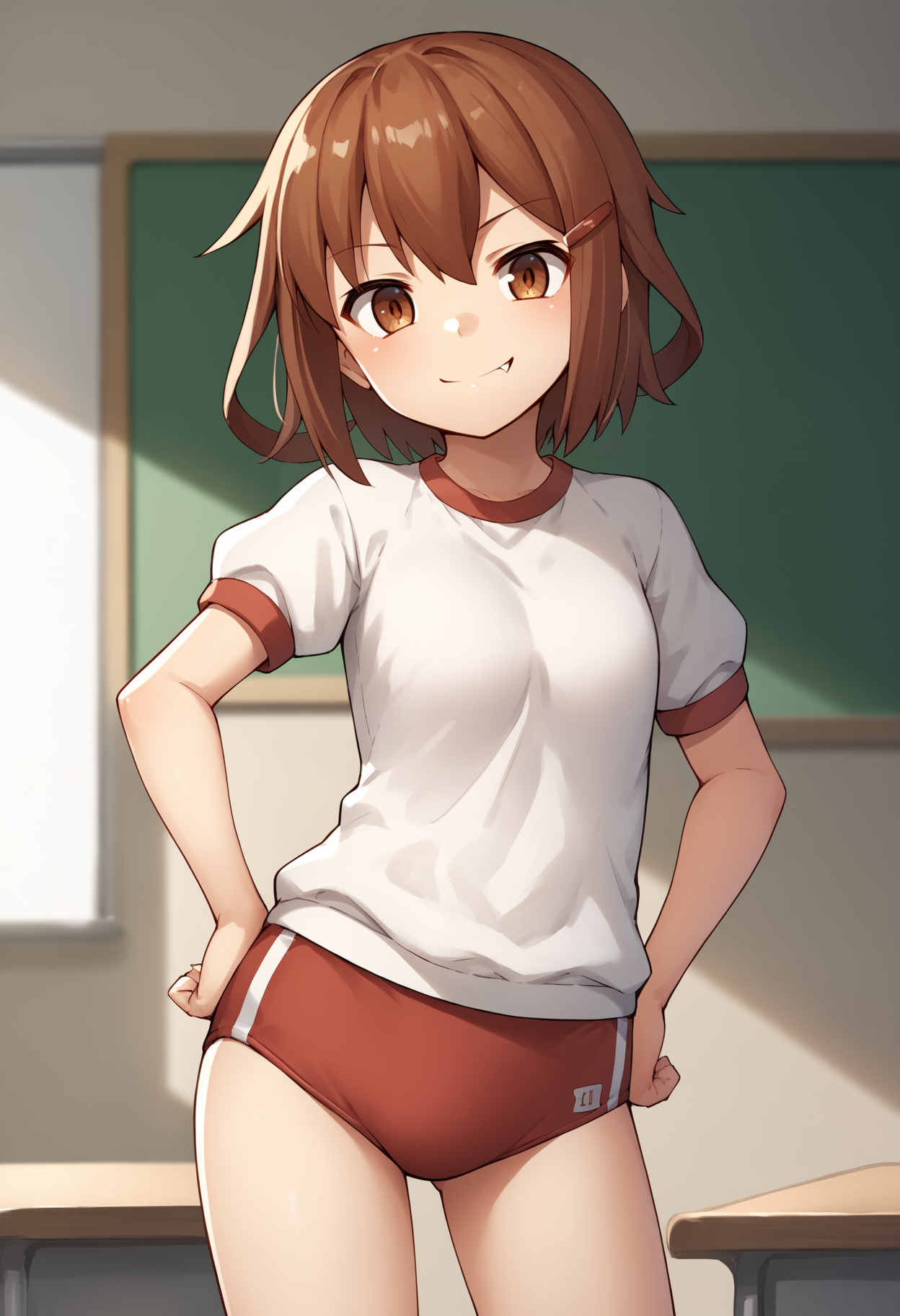 score_9, score_8_up, score_7_up, score_6_up, score_5_up, score_4_up, BREAK, source_anime,
1girl, ikazuchi \(kancolle\), brown hair, short hair, brown eyes, hairclip, fang,
gym uniform, white shirt, red buruma,
smile, hands on hips, standing, solo, looking at viewer, indoors, classroom background    <lora:IkazuchiXL:1>