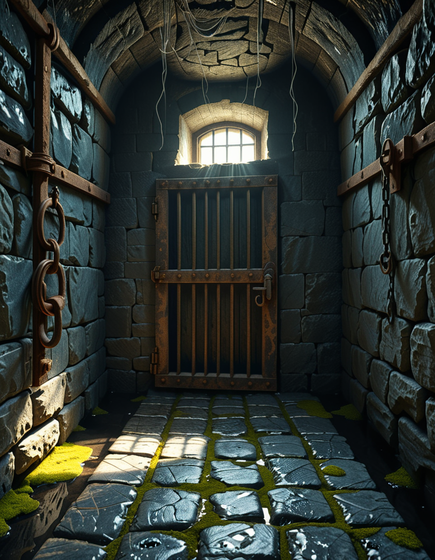 A highly detailed, hyper-realistic photograph of a dark medieval dungeon prison cell. The scene is dimly lit by a single flickering torch mounted on a damp stone wall, casting eerie shadows across the rough, moss-covered stones. Heavy, rusted iron bars form the cell door, slightly ajar, with visible corrosion and ancient padlocks. Inside the cell, there is a straw-covered floor, old wooden buckets, and a crude, splintered wooden bench against the back wall. Chains and manacles hang loosely from the walls, showing signs of long-term use. The atmosphere is cold, humid, and oppressive, with faint light rays piercing through tiny cracks in the stone ceiling. Cobwebs stretch across the corners of the cell, and faint water drips from above, creating small puddles. The overall mood is grim, desolate, and foreboding. Photorealistic style, with high dynamic range (HDR) lighting and extreme attention to textures like rust, moisture, and decay.
<lora:SDXLFaeTastic2400:0.4> <lora:extremely_detailed:0.4> extremely detailed,<lora:medieval_dungeon_pr1s0n_c3ll:1>,medieval dungeon pr1s0n c3ll, Masterpiece,best quality,hi res,8k,hi res,8k,award winning,(sharp focus, intricate, highly detailed),