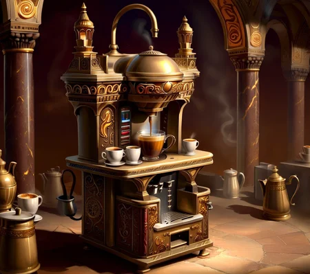<lora:CulturePunkAI_2:.9>ByzancPunkAI coffee machine Highly detailed, amazing, Impressive lighting, vibrant colors, Ultra Realistic, High quality, Highly detailed, trending on artstation