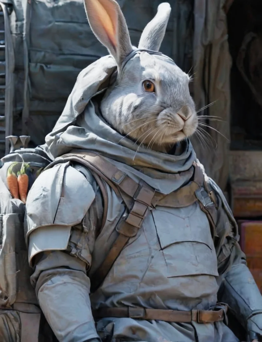 concept art, amredpll rabbit (mercenary:0.5) wearing fluffy (soft:1.1) white heavy armored cotton armor fighting for carrots, deep shadows, contrast , <lora:- SDXL - amredpll_armored_style_V1.0:1>
