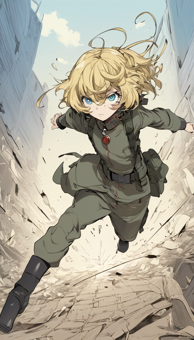 Cinematic scene, hero view, Tanya Degurechaff, Youjo Senki <lora:tanya_degurechaff_xl_v7:1>, action pose, detailed background, masterpiece, best quality, high quality, absurdres, (Anime Scene, Toonshading, Satoshi Kon, Ken Sugimori, Hiromu Arakawa:1.2), (Anime Style, Manga Style:1.3), Low detail, sketch, concept art, line art, webtoon, manhua, hand drawn, defined lines, simple shades, minimalistic, High contrast, Linear compositions, Scalable artwork, Digital art, High Contrast Shadows, glow effects, humorous illustration, big depth of field, Masterpiece, colors, concept art, trending on artstation, Vivid colors, dramatic