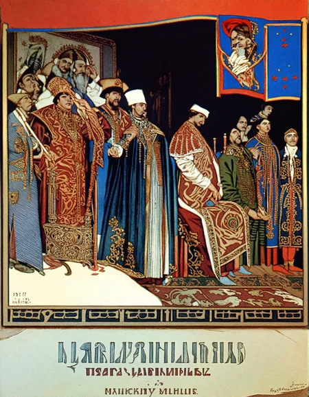 <lora:ivan-bilibin_pony_v1:1> ' prince vladimir ' by bilibin ivan in 1926,history painting \(genre\),art nouveau \(modern\) \(style\),famous-people,monarchy, score_9, score_6_up, score_7_up
