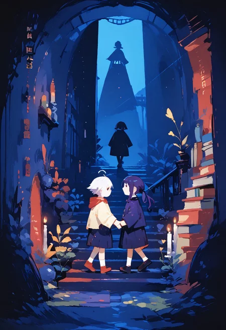 awawa, (score_9_up, score_8_up, score_7_up), d4rkv1b3, HD, masterpiece, best quality, high resolution, night, side view, 2girls, holding hands, jill stingray, dark purple hair, (tanned skin:1.2), twintails, walking up a winding staircase of stars, library, bookshelves, dana zane, white hair, ddpapa, great lighting,