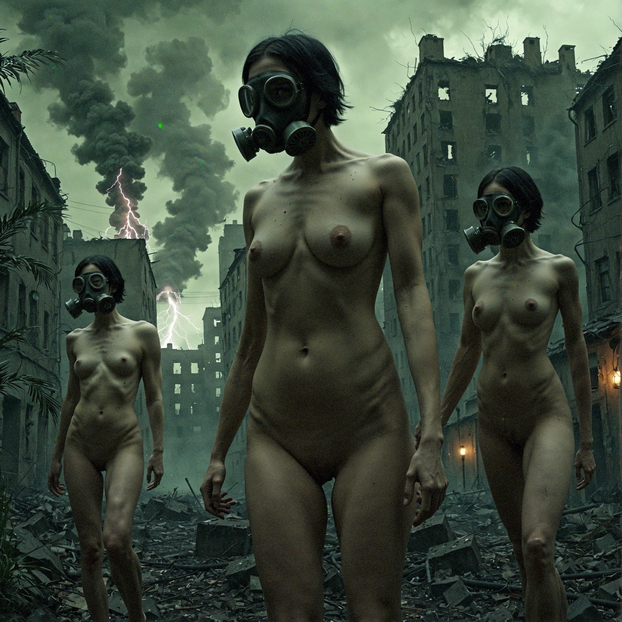 3girl, naked females, pale, short black hair, wearing a gas mask, ruined city overgrown by plants, beksinski, apocalyptic, dark, <lora:add-detail-xl:2> <lora:SDXL_Lightning_8step_Lora:1.0>,