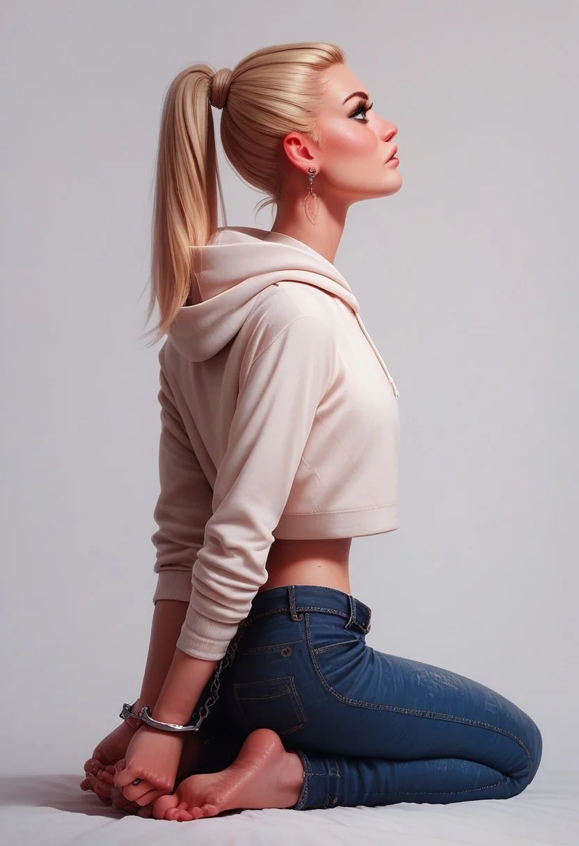 (score_9_up,score_8_up:1.3),score_6_up,score_7_up, core_9, score_8_up, score_7_up, score_6_up, 1girl, solo Girl, blonde, top ponytail,sleek hair,, Posture collar, White turtle neck, midriff hoodie, jeans skirt, kneeling looking up, hands behind back, handcuffed, handcuffs, legcuffs, rear view