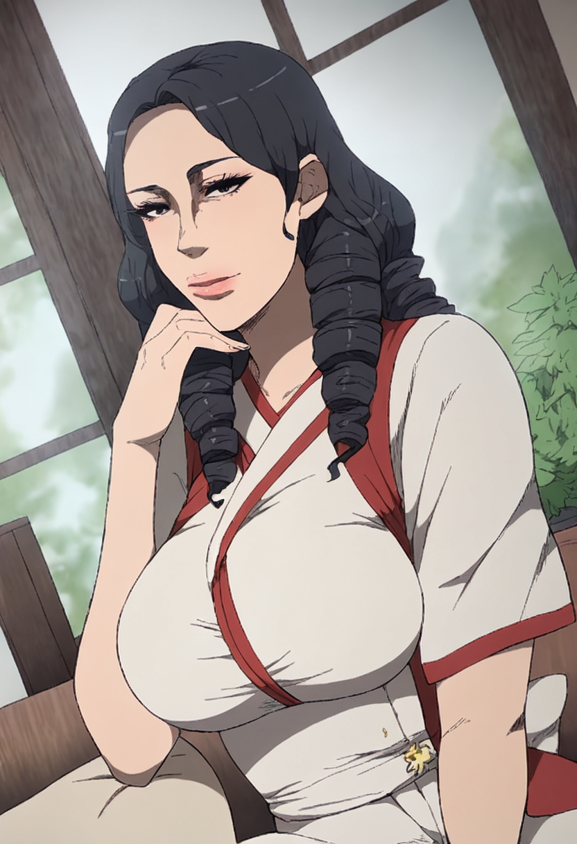 score_9, score_8_up, score_7_up, source_anime, 1girl, large_breasts, mature_female, curvy, wide_hips, solo, looking_at_viewer, open_eyes, Kneeling with hands resting on lap, dutch_angle, Scarle miko uniform, drill hair, chignon, Soft Black hair, hotel, close-up, rating_safe, <lora:pony\artist_styles\contingency_pony:1.0>