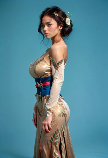 score_9, score_8_up, score_7_up,
JDMAI_ARIEL_SARI, JDMAI_KEBAYA, pureerosface_v1, tight long kebaya dress, long sleeves, deep neckline, bare shoulders, flower hairpin, decorated sash, brocade decoration, sequin decoration,
(dynamic lighting), (dynamic shadow), 4k, HD, Hi res, cinematic masterpiece, photographic masterpiece,
contrapposto pose, upper body, side view,
beautiful make-up, glossy lips, 40GG cup Breasts, massive breasts size, natural breasts shape, narrow waist, wide hips, round ass, thick thighs, thigh gap, barefoot,
(simple turquoise background), (blurry background), (sharp focus on object),