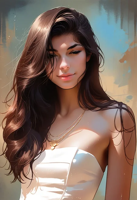 score_9, score_8_up, score_7_up, score_6_up, source_cartoon, 1girl, female, solo, femenine, petite, lean, pale skin,, soaking wet hair, smile, diaphonous white dress, bronze necklace, medium breasts, female focus, official style, close up, perfect anatomy, perfect face, standing,  abstract beauty, beautiful, centered, looking at the camera, approaching perfection, dynamic, moonlight, highly detailed, watercolor painting, artstation, concept art, smooth, sharp focus, illustration, portrait