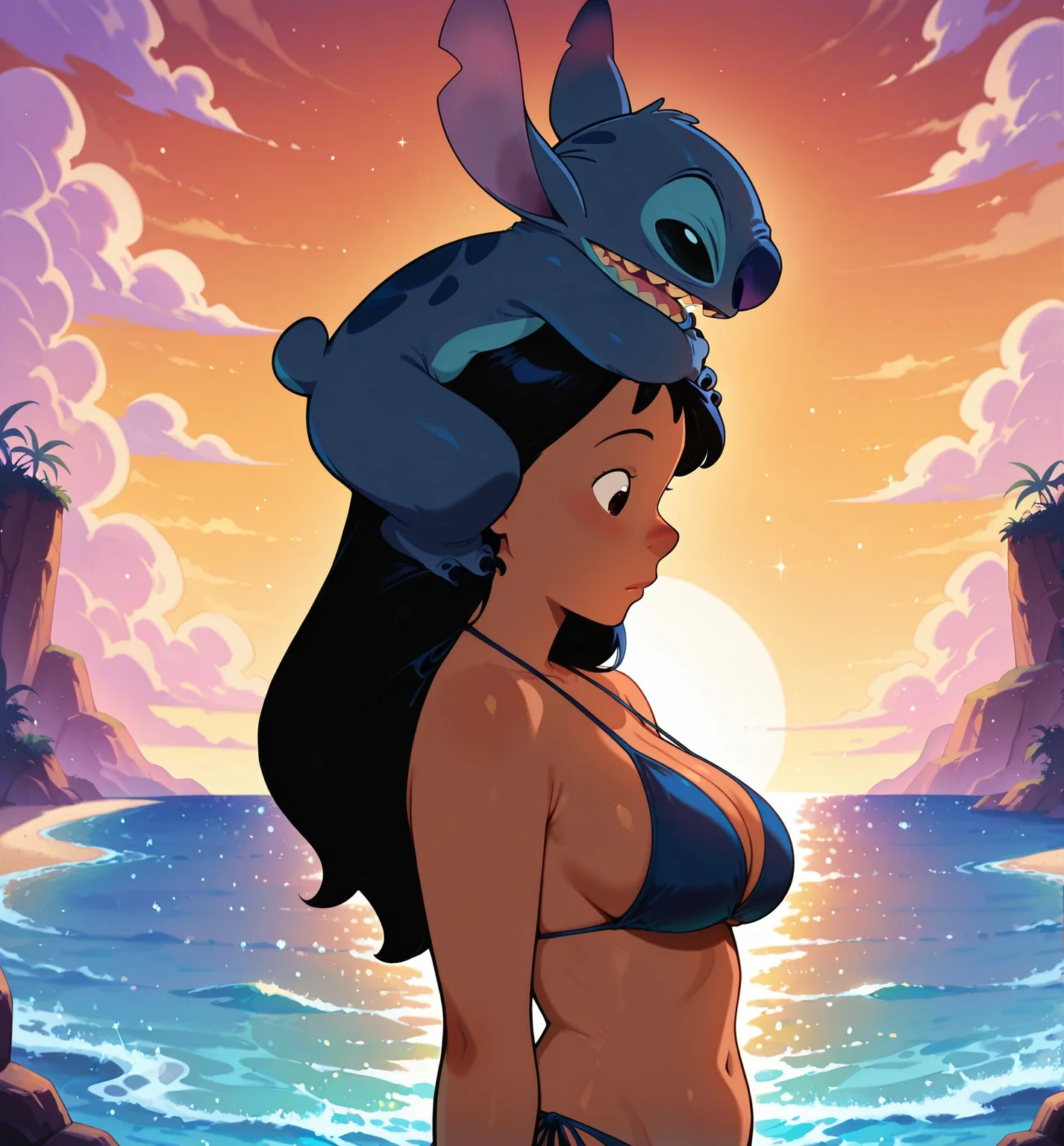 masterpiece, best quality, newest, absurdres, highres, detailed eyes, beautiful, detailed background, perfect eyes, anime coloring, anime screencap,
<lora:Small_Dom_Big_Sub:1>SDBS_V1,
1girl,hetero,
1monster nude,head grab,
(face humping), Hold head,
standing, bikini,
ocean,
disney stitch, blue creature,
milf,
black female, long hair, milf, nani pelekai, nani,
lilo and stitch,official art,