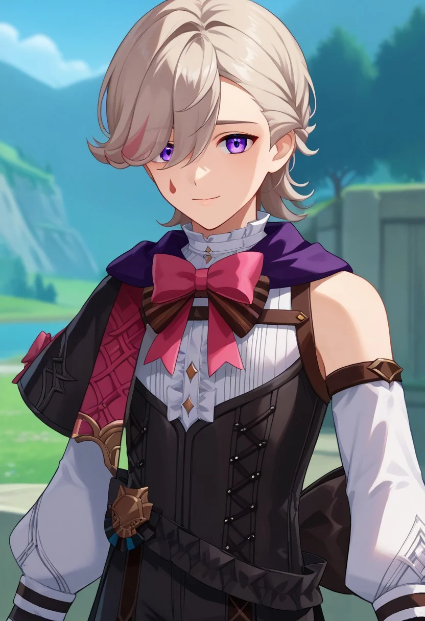 score_9, score_7_up, source_anime
lyney, 1boy, male focus, solo, purple eyes, blonde hair, short hair, braid, hair over one eye, teardrop facial mark, ouji fashion, capelet, bow, pink bow, shirt, white shirt, frills, center frills, corset, detached sleeves, long sleeves, puffy long sleeves, puffy sleeves, gloves, sad, smile, looking at viewer,
outdoor,