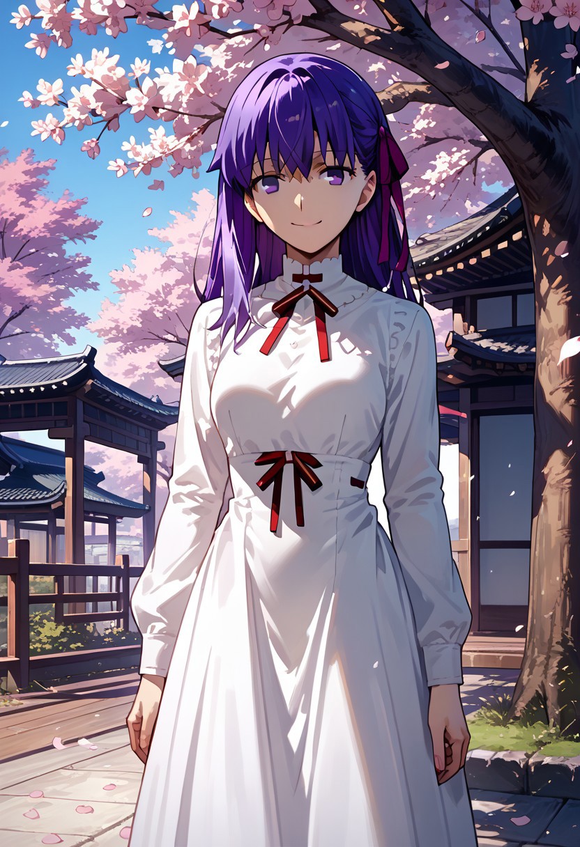 score_9,score_8_up,score_7_up,source_anime, matou sakura,1girl,solo,long hair,looking at viewer,smile,long sleeves,dress,ribbon,purple eyes,hair ribbon,purple hair,outdoors,white dress,official alternate costume,tree,petals,cherry blossoms,