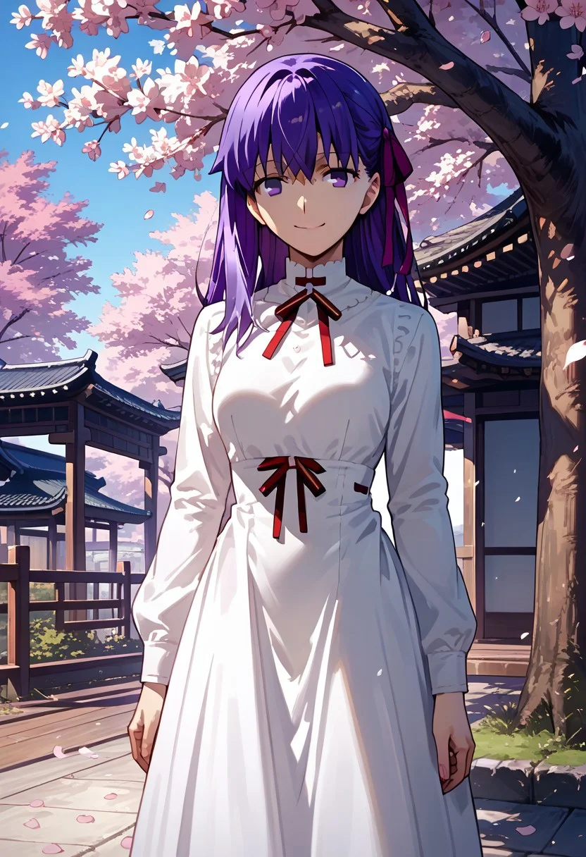 score_9,score_8_up,score_7_up,source_anime, matou sakura,1girl,solo,long hair,looking at viewer,smile,long sleeves,dress,ribbon,purple eyes,hair ribbon,purple hair,outdoors,white dress,official alternate costume,tree,petals,cherry blossoms,