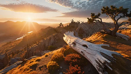 A cinematic wide shot photography of the view On a narrow ridge with ancient juniper stumps dotting the windswept terrain. At summer dusk, molten gold light floods the ridge, juniper glows amber, and distant chough cries echo into twilight. ,, masterpiece, best quality, amazing quality, very aesthetic, high resolution, ultra-detailed, absurdres, scenery, film grain, HDR, 8K, high contrast, realistic, cosplay, muted lithing, sharp focus, (chromatic aberration), fine details,