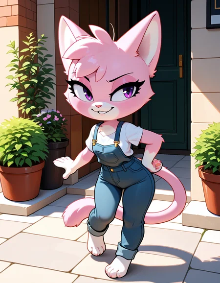 masterpiece, best quality, very aesthetic, absurdres,
outdoors, casual,
full body, standing, posing,
seductive smile, parted lips, long eyelashes,
<lora:Jana_v01_NAIXL:1>
J4n4,1girl,solo,furry,furry female,cat girl,cat ears,purple eyes,animal nose,body fur,two-tone fur,pink fur,white fur,cat tail,