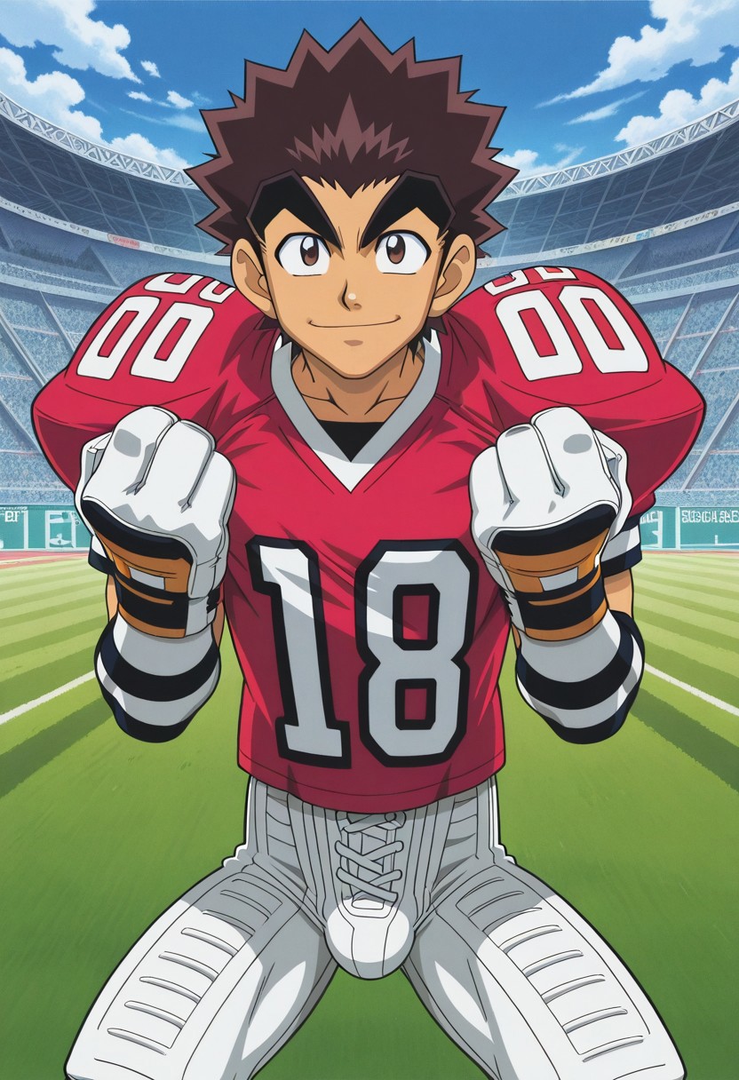 official art, male, High Quality, perfect anatomy, HD, anime style, break
TAROU RAIMON, 1boy, alone, brown hair,  thick eyebrows, dark brown eyes, athletic build, smiling, posing, looking at viewer, football uniform, tight uniform, red and white uniform, football field, squating, Bulge.
