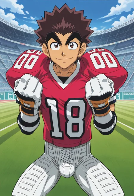 official art, male, High Quality, perfect anatomy, HD, anime style, break
TAROU RAIMON, 1boy, alone, brown hair,  thick eyebrows, dark brown eyes, athletic build, smiling, posing, looking at viewer, football uniform, tight uniform, red and white uniform, football field, squating, Bulge.