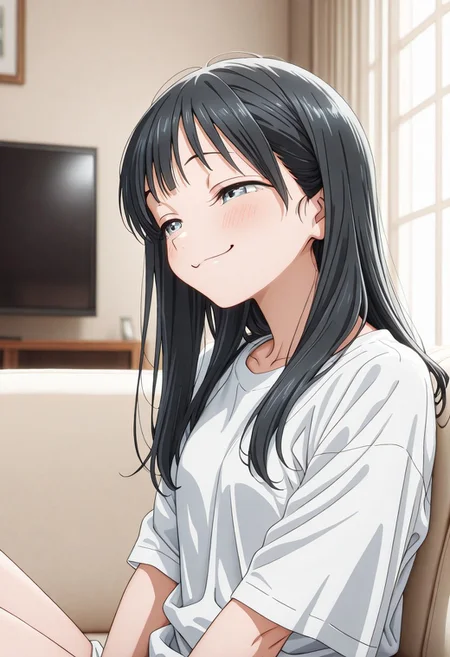 side angle, solo, woman, komichi_akebi, black hair, plain white loose t-shirt, smug face, sitting, sofa, room, indoor, high quality, best quality, masterpiece, 4k resolution, anime