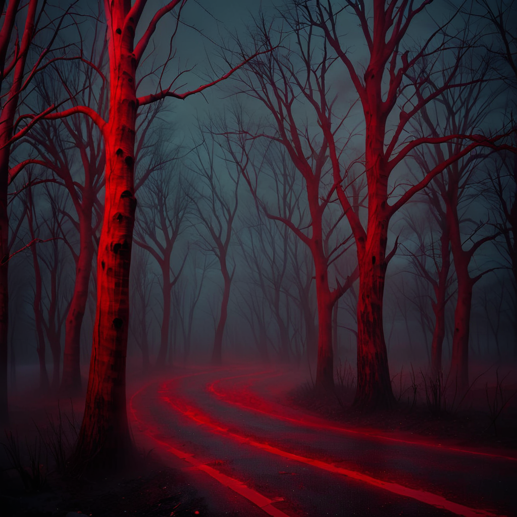 Masterpiece,absurd resolution,8k,high resolution,
NightScapes,3am,creature,trees,bare tree,night,(dark:1.5),fog,,horror (theme),red theme,found tape,grain tape
, <lora:NightScapes_XL:0.8>