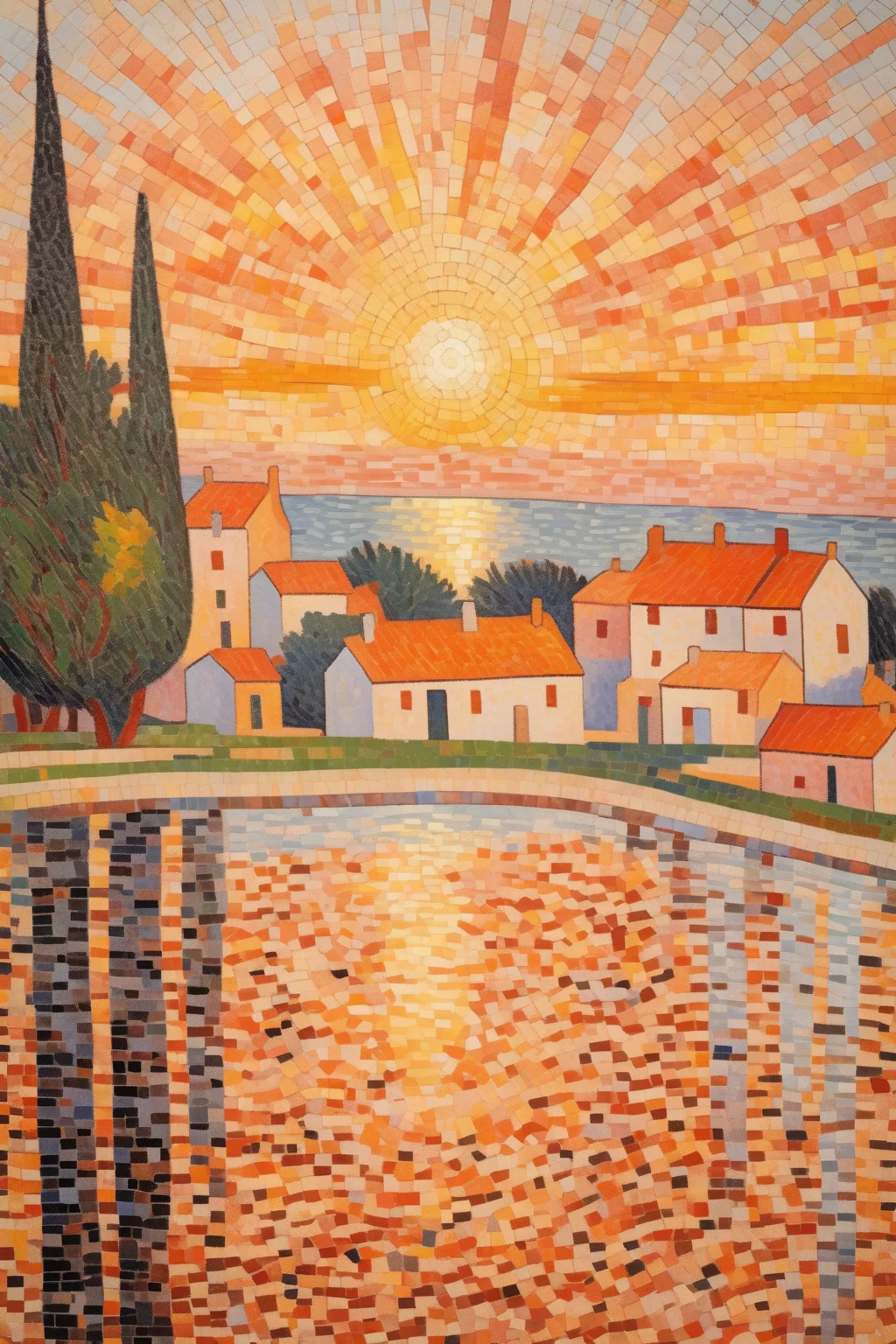 <lora:Paul Signac Style:1>Paul Signac Style - Charles Angrand mosaic style landscape painting with broad brush strokes depicting a village in early morning light, with the warm tones of the sunrise reflecting off the water