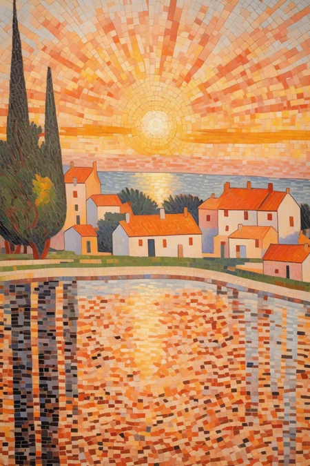 <lora:Paul Signac Style:1>Paul Signac Style - Charles Angrand mosaic style landscape painting with broad brush strokes depicting a village in early morning light, with the warm tones of the sunrise reflecting off the water