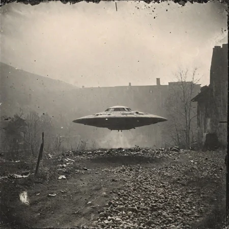 B&W 35mm vintage photo of a UFO in a WW2 picture, destroyed city backdrop