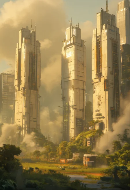 OBweilai, in the style of ck-sfc, a sustainable, green energy futuristic city, with tall solar-powered sjyscrapers and sustainable apartment blocks made from ceramics and marble, situated next to a verdant valley, misty, sunset