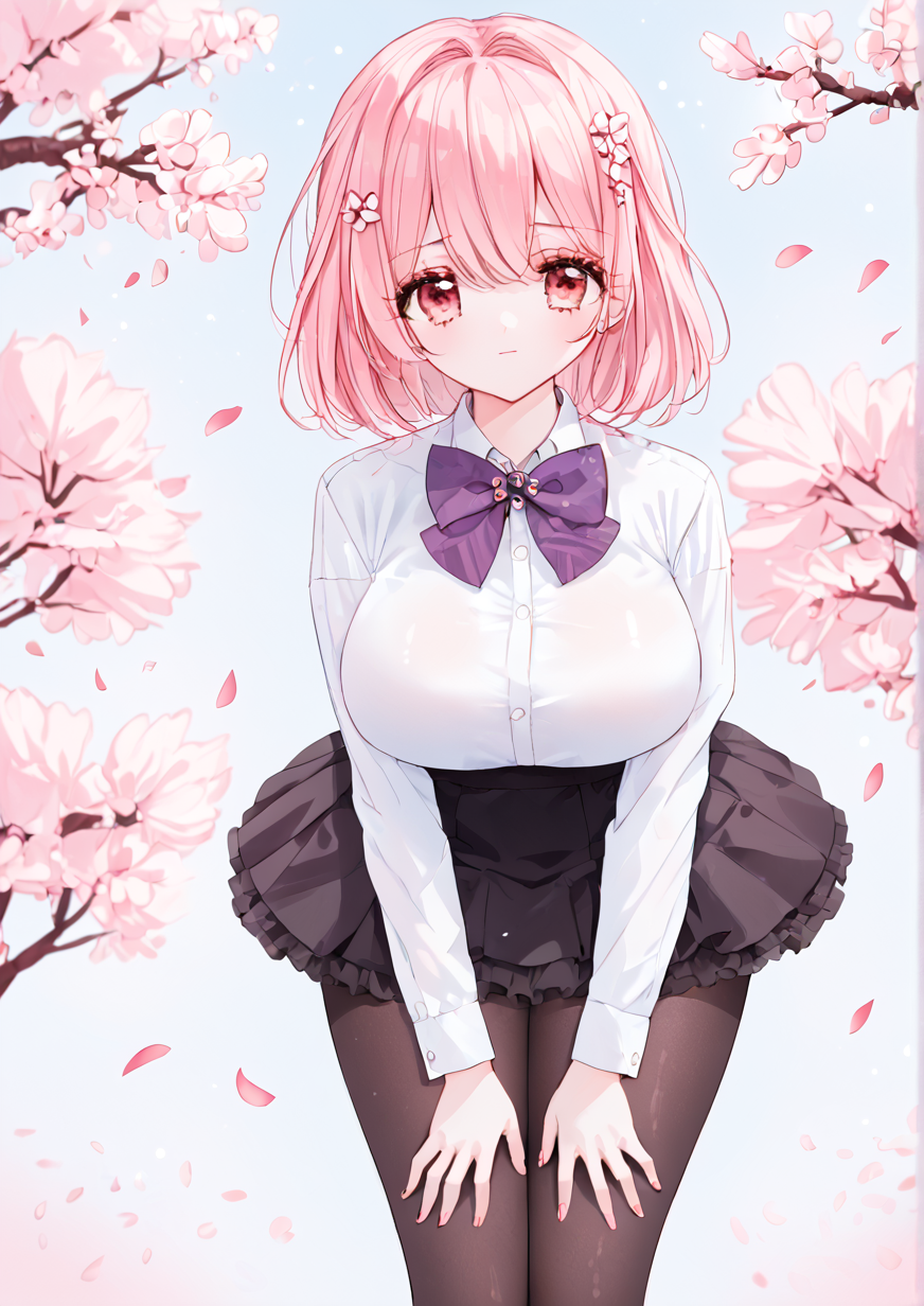 1girl, shinjou akane, huge breast, bent over, black pantyhose, black skirt, bow, bowtie, cherry blossoms, closed mouth, flower, hands on own hips, looking at viewer, pantyhose, pink hair, purple bow, purple bowtie, red eyes, shirt, short hair, skirt, solo, standing, white shirt,zPDXL3,handfixer <lora:HandFixer_pdxl_Incrs_v1:1> <lora:MOHU:0.9>