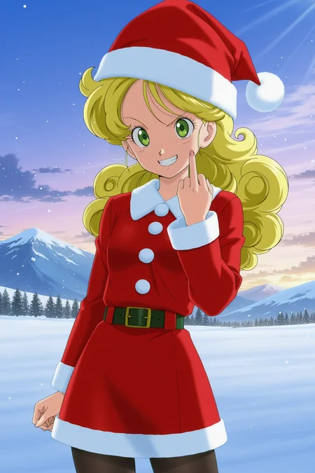 anime screencap, absurdres, high quality, official style,
1girl, solo, launch bad, blonde hair, long hair, curly hair, green eyes, santa hat, santa costume, snow, cowboy shot, short skirt, pantyhose, belt, fur trim, smile, middle finger, dappled sunlight, mountainous horizon, smile, teeth,
snow, day, cloudy sky,
<lora:Launch_IL:0.8>