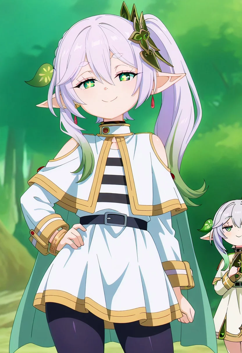 masterpiece, best quality,
(2girls, multiple girls),
zzNahida, green eyes, cross-shaped pupils, symbol-shaped pupils, long hair, multicolored hair, pointy ears, white hair, hair ornament, gradient hair, side ponytail, green hair, hair between eyes, leaf hair ornament, sidelocks, white dress, detached sleeves, sleeveless dress, bracelet, bare shoulders, green cape,
zzFrieren, long hair, twintails, green eyes, grey hair, pointy ears, elf, shirt, long sleeves, jewelry, earrings, striped, capelet, striped shirt, white skirt, black pantyhose,
cowboy shot, hand on hip, smug, smile, looking at viewer, shiny skin,