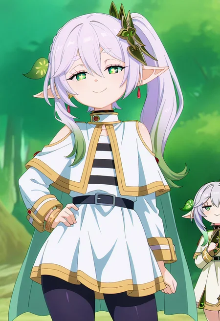 masterpiece, best quality,
(2girls, multiple girls),
zzNahida, green eyes, cross-shaped pupils, symbol-shaped pupils, long hair, multicolored hair, pointy ears, white hair, hair ornament, gradient hair, side ponytail, green hair, hair between eyes, leaf hair ornament, sidelocks, white dress, detached sleeves, sleeveless dress, bracelet, bare shoulders, green cape,
zzFrieren, long hair, twintails, green eyes, grey hair, pointy ears, elf, shirt, long sleeves, jewelry, earrings, striped, capelet, striped shirt, white skirt, black pantyhose,
cowboy shot, hand on hip, smug, smile, looking at viewer, shiny skin,