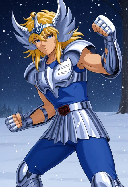 cygnushyov1, solo, 1boy, blue eyes, slender figure, toned male, swan circlet, silver pauldrons, silver armor, fingerless silver gauntlets, circle plated vambrace, belt, silver tassets, blue pants, silver greaves, blue undershirt, belt buckle, wavy blonde hair, standing, dynamic pose, punching, outdoors, snowing, snowflakes, serious,