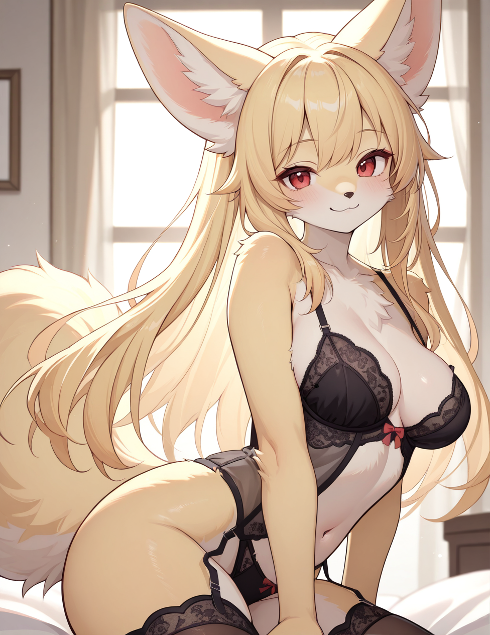 (masterpiece, best quality, ultra detailed, 8k, 4k, hi res, absurdres:1.3), (detailed texture lighting, detailed surface lighting) BREAK 1girl, petite female anthro fennec girl, cute face, adorable, sexy, fur, 1girl, furry female, soft fluffy fur,medium breasts, smile, lingerie, (curvy:1.2)