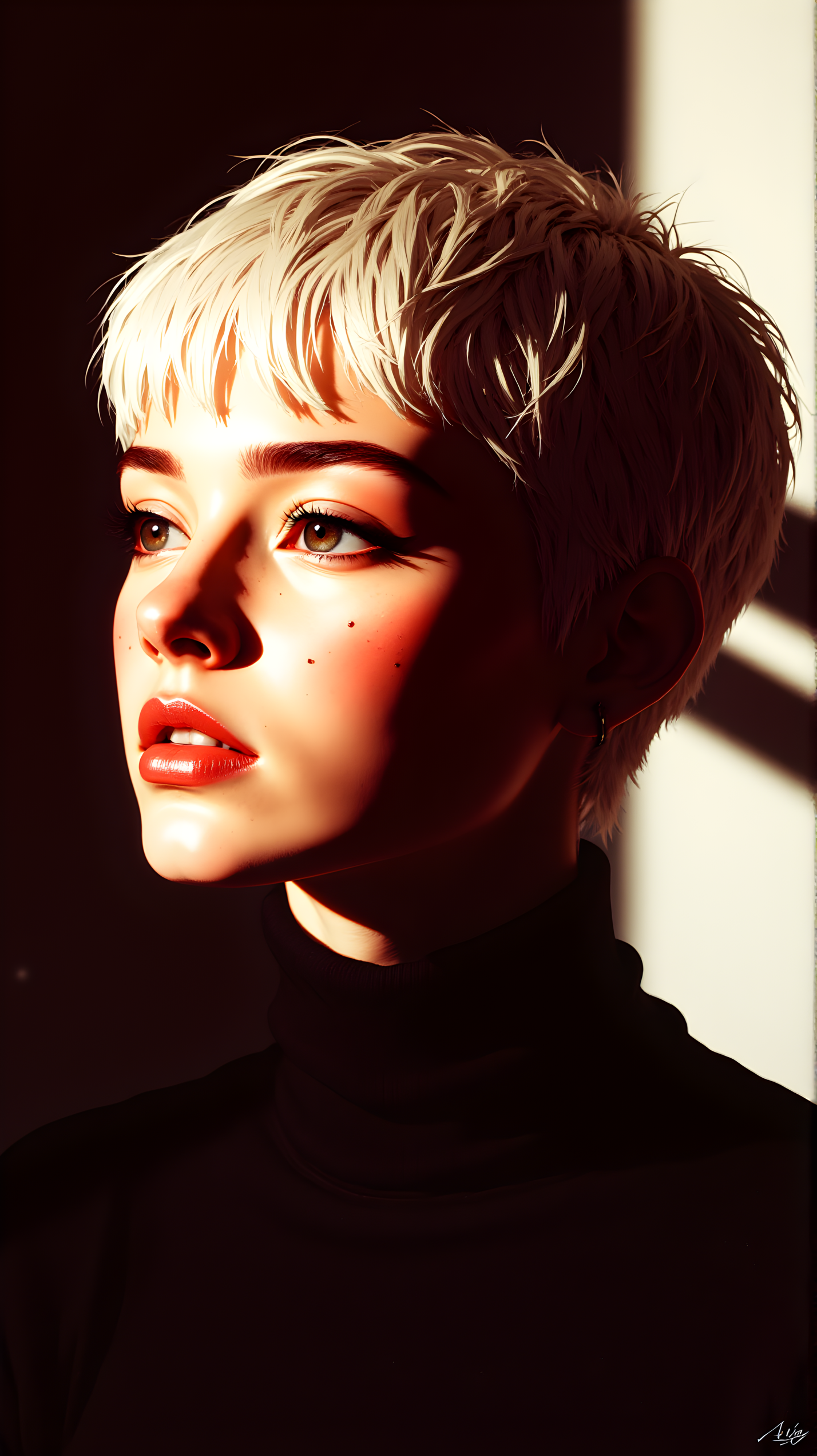 The image shows a person with short, platinum blonde hair styled in a modern pixie cut. The hair is neatly trimmed and has a slight texture, giving it a stylish and edgy look. The individual is wearing a black turtleneck, which contrasts with the light color of their hair. The lighting in the photo is soft and natural, casting gentle shadows that highlight the contours of their face. The background is simple and neutral, which helps to keep the focus on the subject's hairstyle and attire. The overall mood of the image is chic and contemporary.
j_art, anime, anime art, <lora:FLUX\jul\J_Anime:1.0>, <lora:FLUX\Anime Art V3:0.1>, <lora:FLUX\RM_Artistify_v1.0M:0.1>, <lora:FLUX\RetroAnimeS1.1:0.1>