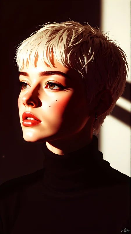 The image shows a person with short, platinum blonde hair styled in a modern pixie cut. The hair is neatly trimmed and has a slight texture, giving it a stylish and edgy look. The individual is wearing a black turtleneck, which contrasts with the light color of their hair. The lighting in the photo is soft and natural, casting gentle shadows that highlight the contours of their face. The background is simple and neutral, which helps to keep the focus on the subject's hairstyle and attire. The overall mood of the image is chic and contemporary.
j_art, anime, anime art, <lora:FLUX\jul\J_Anime:1.0>, <lora:FLUX\Anime Art V3:0.1>, <lora:FLUX\RM_Artistify_v1.0M:0.1>, <lora:FLUX\RetroAnimeS1.1:0.1>