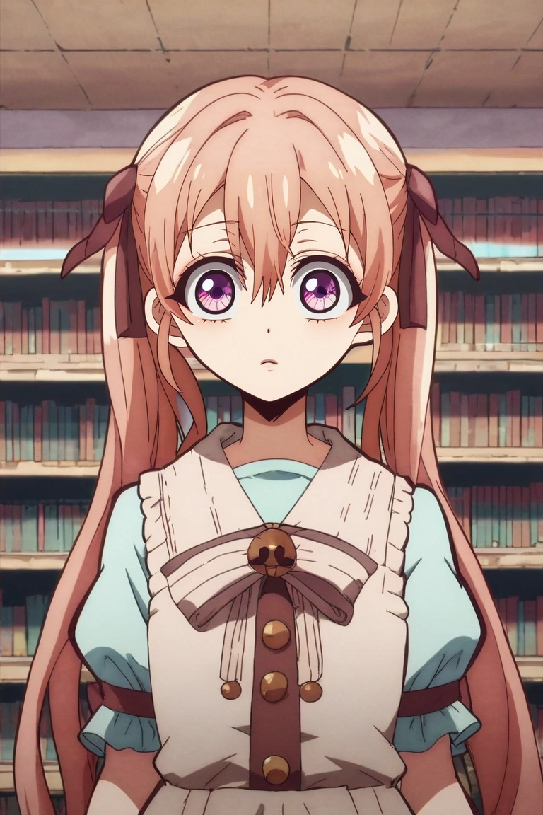 zPDXL, score_9, score_8_up, score_7_up, source_anime, , rating_safe, intricate details, looking at viewer, depth of field, 1girl, <lora:erika_amano_pony:0.70>, erika_amano, pink hair, purple eyes, long hair, bangs, hair between eyes, twintails, ribbon, hair ribbon, solo, wide angle, wide shot, cowboy shot, library, books, indoors, light, floating, distracted, aloof, oblivious, <lora:hanako-kun_style_pony:1.14>, hanako-kun_style, , <lora:sdxl_lightning_8step_lora:1>