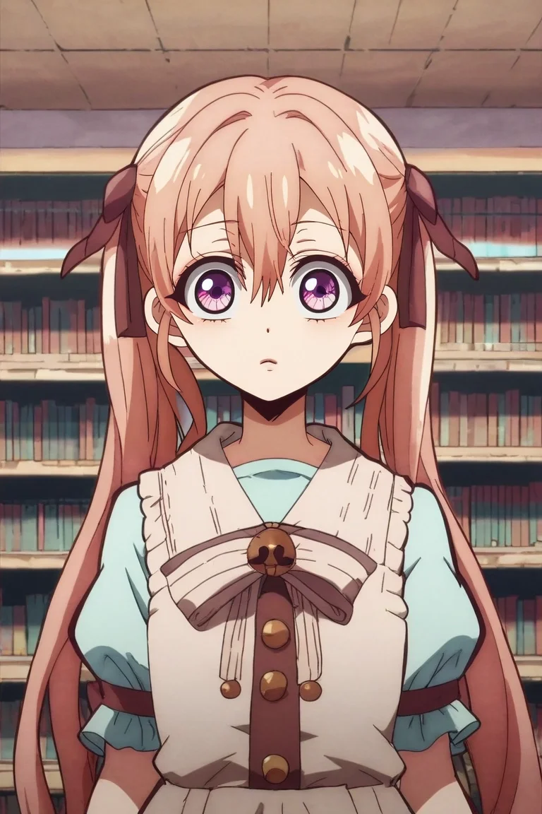 zPDXL, score_9, score_8_up, score_7_up, source_anime, , rating_safe, intricate details, looking at viewer, depth of field, 1girl, <lora:erika_amano_pony:0.70>, erika_amano, pink hair, purple eyes, long hair, bangs, hair between eyes, twintails, ribbon, hair ribbon, solo, wide angle, wide shot, cowboy shot, library, books, indoors, light, floating, distracted, aloof, oblivious, <lora:hanako-kun_style_pony:1.14>, hanako-kun_style, , <lora:sdxl_lightning_8step_lora:1>