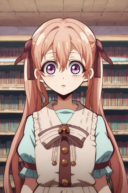 zPDXL, score_9, score_8_up, score_7_up, source_anime, , rating_safe, intricate details, looking at viewer, depth of field, 1girl, <lora:erika_amano_pony:0.70>, erika_amano, pink hair, purple eyes, long hair, bangs, hair between eyes, twintails, ribbon, hair ribbon, solo, wide angle, wide shot, cowboy shot, library, books, indoors, light, floating, distracted, aloof, oblivious, <lora:hanako-kun_style_pony:1.14>, hanako-kun_style, , <lora:sdxl_lightning_8step_lora:1>