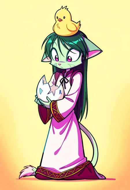 score_9, score_8_up, score_7_up,lilith_calah,
1girl,solo,furry,tail,dark green hair, source_furry,
,<lora:lilith_calah_illustrious:0.8>,
child, kid,
masterpiece, best quality, A chick with an eggshell on its head. Its head is tilted...