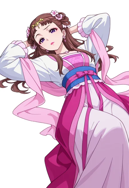 Smooth Quality,masterpiece,very intricate, high quality details, ultra realistic, high detailed skin,detailed enviorement,absurdres,
partially undressed,
<lora:Lishu_CNR:0.8> lishu_cnr,brown hair, long hair, purple eyes, makeup, lipstick, lishu_pink_cnr,hanfu, dress, long sleeves, sash, shawl, circlet, flower earrings, necklace,hair flower, hair rings, hair bun,, simple background, white background, dutch angle,
lying down, hands behind head, one knee bent, relaxed expression, casual vibe, ,raised eyebrow,