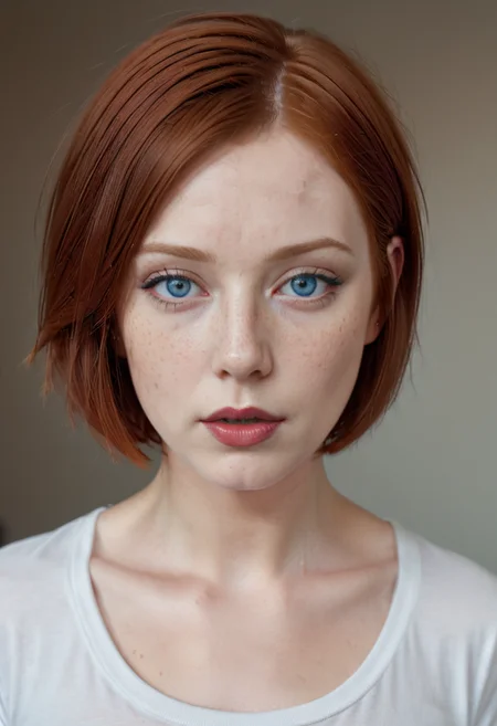 <lora:AlienorXL:0.8> AlienorXL, 1girl, redhair in short bob cut, blue eyes, freckles ,((best portrait)), ((head raised)),  ((pale skin)), ((lipstick))
((plain t-shirt)), (masterpiece, best quality), intricate details, realistic, photorealistic,  flawless structure, masterpiece, (portrait), natural skin, oiled skin, subsurface scattering, shot with cinematic camera, soft lighting, high quality, best quality, masterpiece, best picture, sexy, lovely, stunning