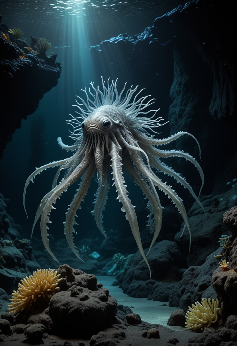 (medium full shot) of (mystical silver aquatic creature) with smooth skin, armored plates, webbed limbs, extra eyes on the sides, seaweed-like fronds, phosphorescent spots, sea anemones, set in  an underwater volcano, with glowing lava, dark waters, strange rock formations, eerie glow, at night, Masterpiece,best quality, photo, realistic, very aesthetic,