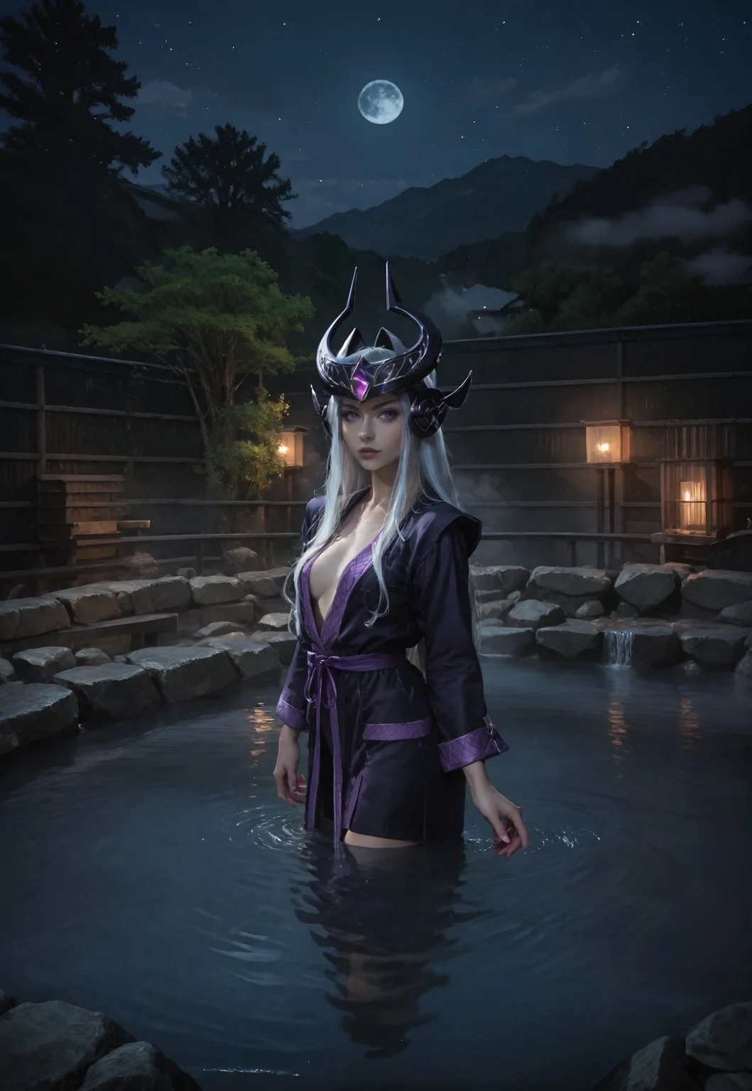 safe_pos, score_9, score_8_up, score_7_up, score_6_up, rating_explicit, score_9, score_8_up, score_7_up, a beautiful girl, (only wears a purple silk bathrobe) subsurface scattering, Photorealistic, Hyperrealistic, analog style, realistic, film photography, soft lighting, photo, cinematography, high resolution, 8k, syndra, white hair, purple eyes, night view, full moon, ruanyi0653,onsen,fence,rock,water,fog, seducting look