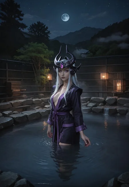 safe_pos, score_9, score_8_up, score_7_up, score_6_up, rating_explicit, score_9, score_8_up, score_7_up, a beautiful girl, (only wears a purple silk bathrobe) subsurface scattering, Photorealistic, Hyperrealistic, analog style, realistic, film photography, soft lighting, photo, cinematography, high resolution, 8k, syndra, white hair, purple eyes, night view, full moon, ruanyi0653,onsen,fence,rock,water,fog, seducting look