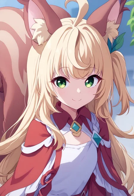 score_9, score_8_up, score_7_up, original aya, aya, 1girl, long_hair, animal_ears, blonde_hair, dress, fox_ears, bangs, green_eyes, original_dress, tail,  squirrel tail, smile