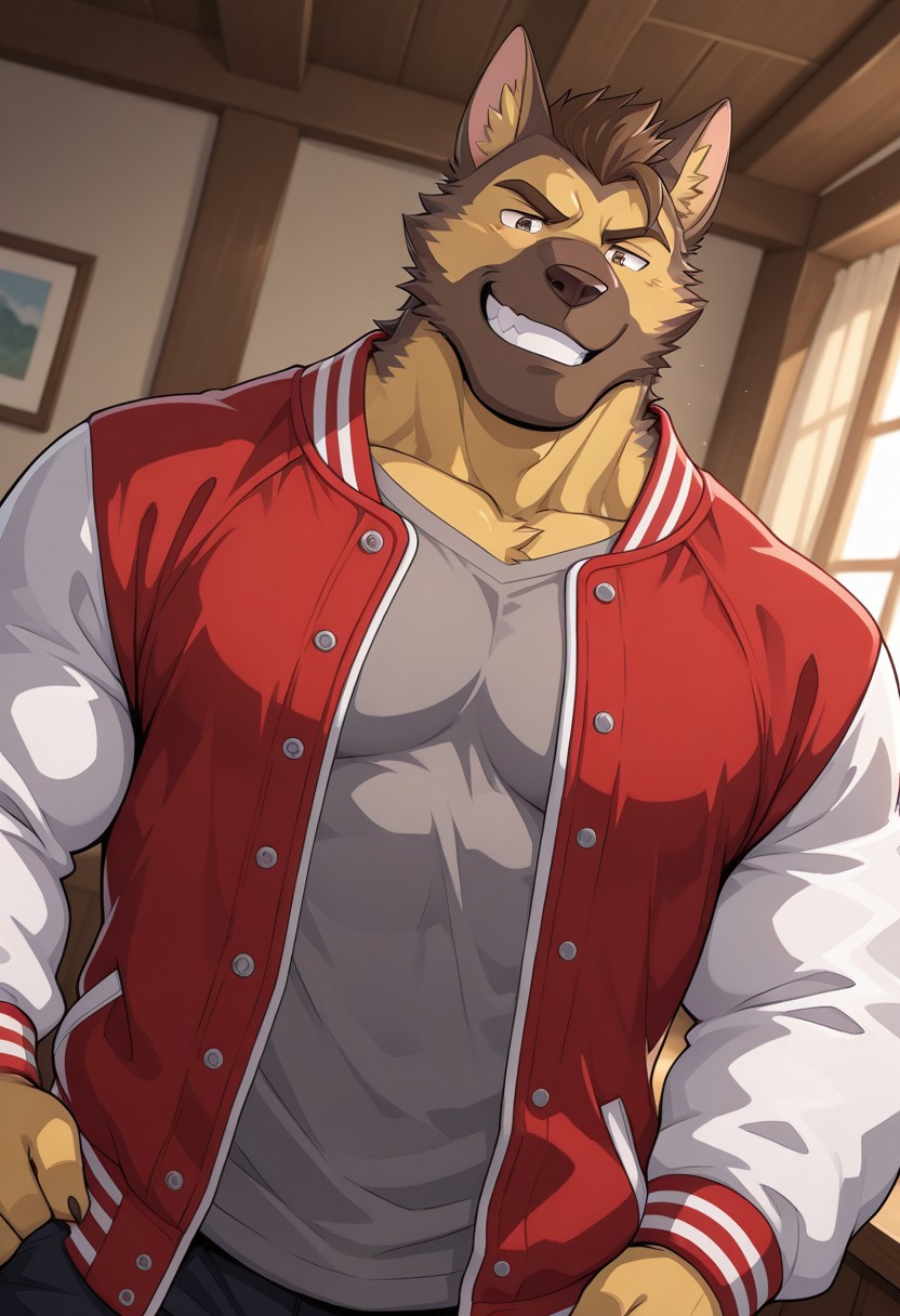 <lora:GilAFCL:0.9>, solo, gil_learnard, german shepherd, male, manly, masculine, brown eyes, grey shirt, red letterman jacket, white sleeves, open jacket, dutch angle, grin, BREAK unparalleled masterpiece, best quality, amazing quality, very aesthetic, high resolution, semi-realistic lighting, extremely-detailed, depth of field, newest, scenery, detailed fur, detailed muscles