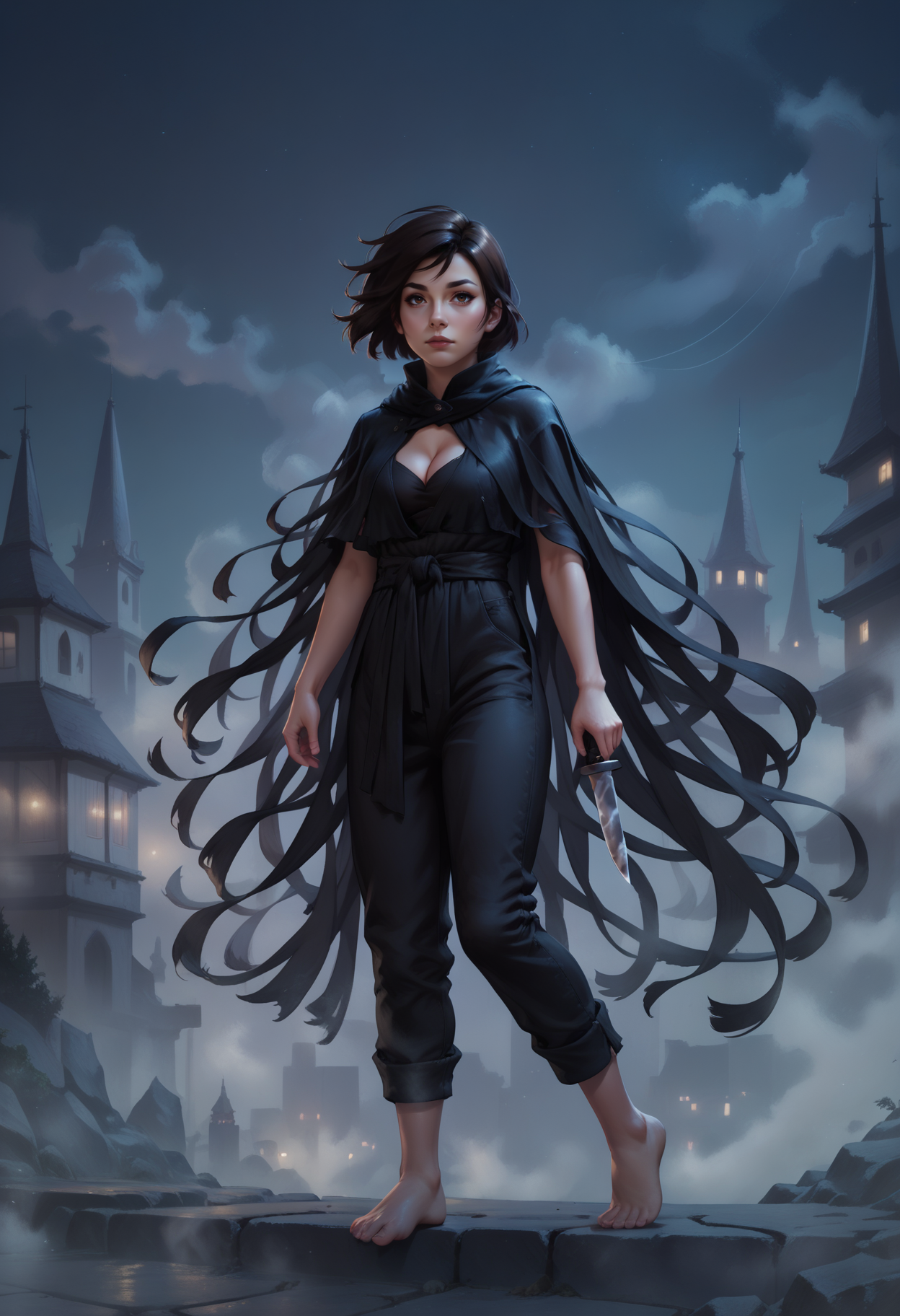 (score_9_up, score_8_up:1.2), score_7_up, vin, 1girl, black bob haircut, brown eyes, tasselled cloak, knife, barefoot, cleavage, city, night, mist, volumetric lighting, <lora:Vin_-_Mistborn:0.6>