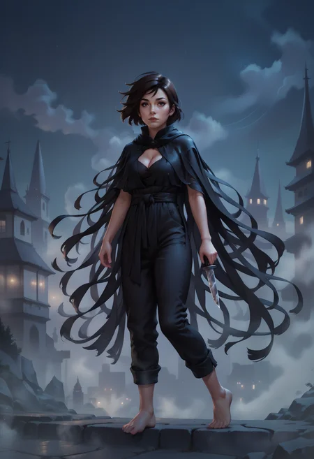 (score_9_up, score_8_up:1.2), score_7_up, vin, 1girl, black bob haircut, brown eyes, tasselled cloak, knife, barefoot, cleavage, city, night, mist, volumetric lighting, <lora:Vin_-_Mistborn:0.6>