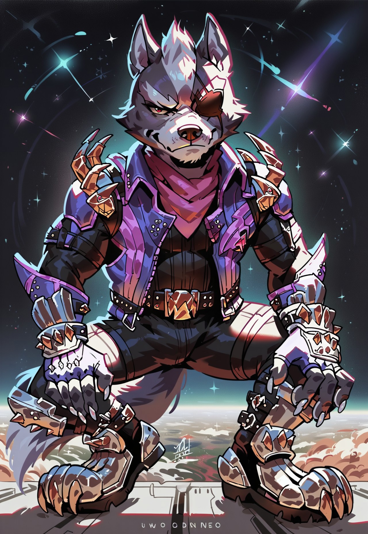 score_9, score_8_up, score_7_up, score_6_up, score_5_up, score_4_up, source_furry, hi res, concept art, realistic, bokeh, in space ship, solo, Wolf O'Donnell, Red Eye, Right Eyepatch, Pink Kerchief, Purple Sleeveless Jacket, Black Bodysuit, Purple Fingerless Gloves, Metal Boots, Gold Buckle, looking at viewer, bedroom_eyes, smug, anthro, male, muscular, white claws